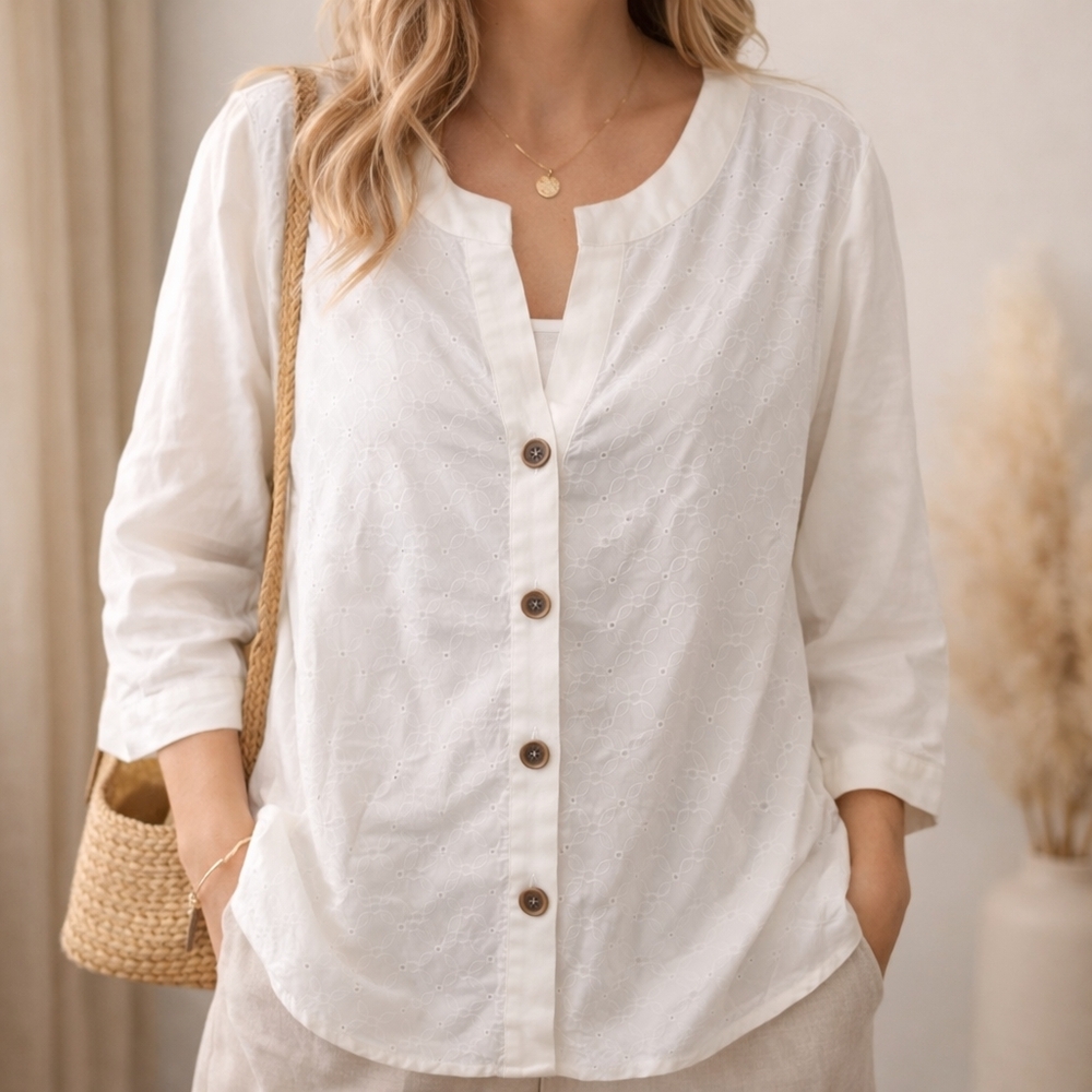 CJ Banks White Button-Front Eyelet Shirt